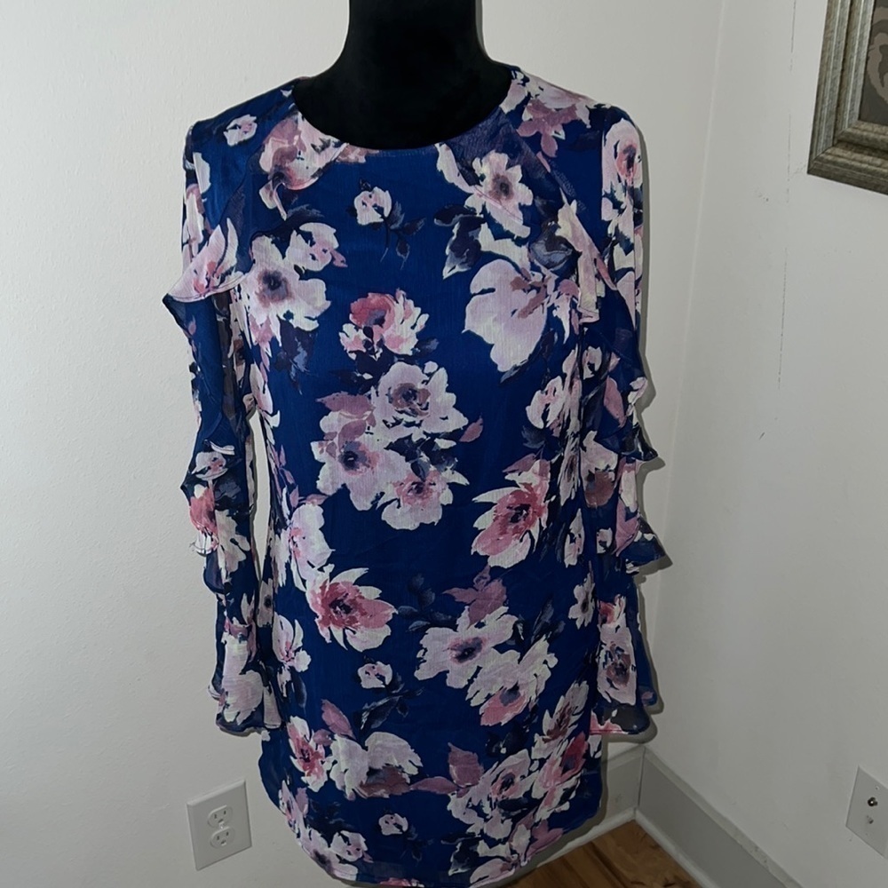 Charles Henry blue‎ floral print long sleeves shift mini dress Sz XSP